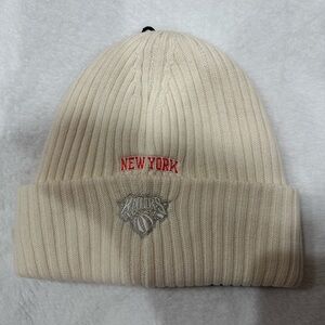 Kith Cream Ribbed Beanie with Red 'New York' Embroidery
